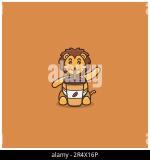 Cute Baby Lion Coffee. Character, Mascot, Icon, Logo, Cartoon and Cute Design. Vector and Illustration. Stock Vector