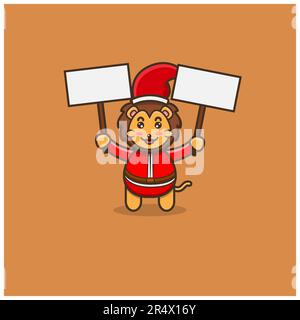 Cute Baby Lion Christmas With Two Blank Banner. Character, Mascot, Icon, Logo, Cartoon and Cute Design. Vector and Illustration. Stock Vector