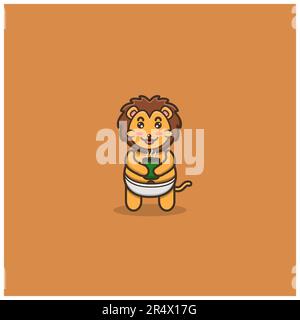 Cute Baby Lion With Tea. Character, Mascot, Icon, Logo, Cartoon and Cute Design. Vector and Illustration. Stock Vector