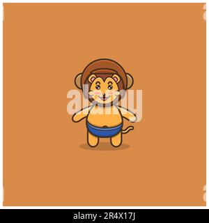 Cute Baby Lion Wearing Helmet. Character, Mascot, Icon, Logo, Cartoon and Cute Design. Vector and Illustration. Stock Vector