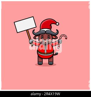 Cute Buffalo With Christmas Costume and Bring Candy, Banner. Vector and Illustration Stock Vector