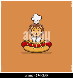 Cute Baby Lion Chef On Hot Dog. Character, Mascot, Icon, Logo, Cartoon and Cute Design. Vector and Illustration. Stock Vector