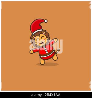 Funny Cute Baby Lion Christmas. Character, Mascot, Icon, Logo, Cartoon and Cute Design. Vector and Illustration. Stock Vector