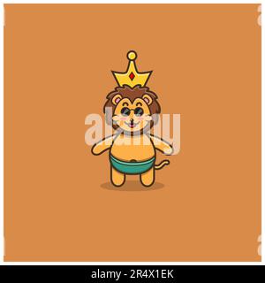 Cute Baby Lion King. Character, Mascot, Icon, Logo, Cartoon and Cute Design. Vector and Illustration. Stock Vector
