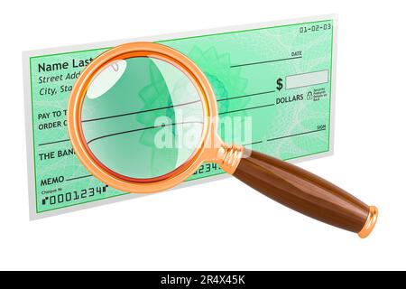 Bank check with magnifying glass. 3D rendering isolated on white background Stock Photo