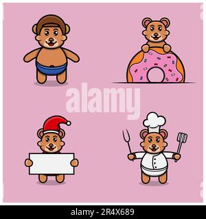 Set Of Cute Baby Bear Character With Various Poses. Wearing Helmet, on Donuts, christmas and chef. Vector and Illustration. Stock Vector