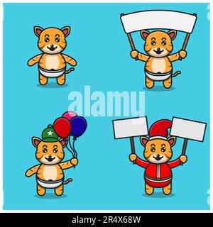 Set Of Cute Baby Tiger Character With Various Poses. Bring banner, balloons and christmas banner. Vector and Illustration. Stock Vector