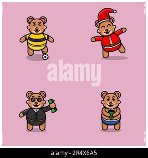 Set Of Cute Baby Bear Character With Various Poses. Football, Christmas, Boss and Bring Tea Cup. Vector and Illustration. Stock Vector