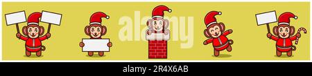 Set Of Cute Baby Monkey Character With Santa Clause Costume and Various Poses. Vector and Illustration. Stock Vector