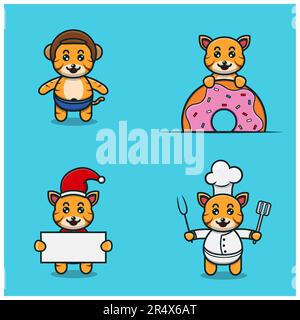Set Of Cute Baby Tiger Character With Various Poses. Wearing Helmet, on Donuts, christmas and chef. Vector and Illustration. Stock Vector
