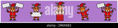 Set Of Cute Baby Deer Character With Santa Clause Costume and Various Poses. Vector and Illustration. Stock Vector