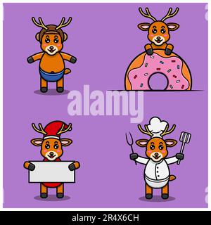 Set Of Cute Baby Deer Character With Various Poses. Wearing Helmet, on Donuts, christmas and chef. Vector and Illustration. Stock Vector