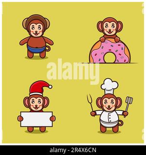 Set Of Cute Baby Monkey Character With Various Poses. Wearing Helmet, on Donuts, christmas and chef. Vector and Illustration. Stock Vector