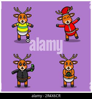 Set Of Cute Baby Deer Character With Various Poses. Football, Christmas, Boss and Bring Tea Cup. Vector and Illustration. Stock Vector