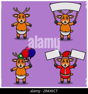Set Of Cute Baby Deer Character With Various Poses. Bring banner, balloons and christmas banner. Vector and Illustration. Stock Vector