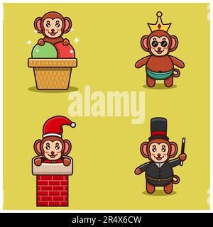 Set Of Cute Baby Monkey Character With Various Poses. On Ice Cream, Chinmey, Wearing Crown, and Magician costume. Vector and Illustration. Stock Vector