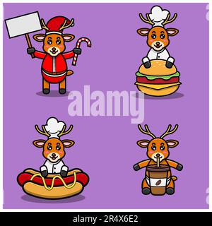 Set Of Cute Baby Deer Character With Various Poses. Christmas, Chef On Burger, Hot Dog and On Coffee Cup. Vector and Illustration. Stock Vector