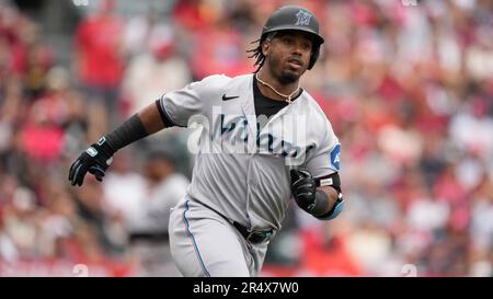 Miami Marlins Jean Segura rounds first base during a baseball game against the Los Angeles Angels Sunday May 28 2023 in Anaheim Calif. AP Photo Marcio Jose Sanchez Stock Photo Alamy