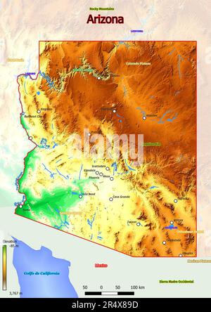 The physical map of Arizona showcases a stunning desert landscape marked by vast expanses of arid plains, deep canyons, and towering mountain ranges. Stock Photo