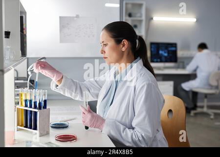 Side view portrait of female scientist doing tests at workstation in modern laboratory, copy space Stock Photo