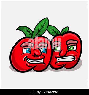 Two Red Aplle Cartoon With Expression. Clip Art Vector. Vector and Illustration Stock Vector