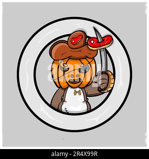 Mascot of Pumpkin Doll and Meat with Blank Circle Label. Vector clip art. Vector and Illustration. Stock Vector