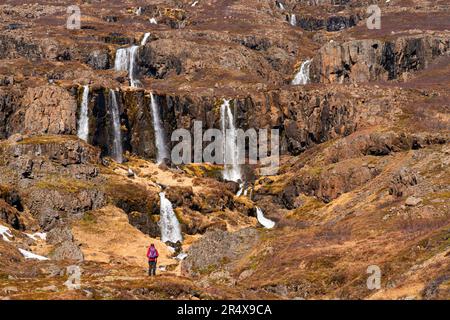 Scenic view of a woman standing in front of a series of waterfalls flowing from the craggy cliffs of the East Fjords making her appear small agains... Stock Photo