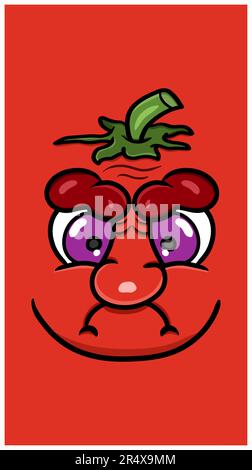 Cute Cartoon Red Tomatoes Face With Funny Expression. Vector Poster Wallpaper Background. Vector and Illustration. Stock Vector