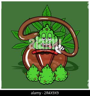 Mascot of Weed Cartoon On Bong Glass Smoke and Marijuana Background. Vector Clip Art. Vector and Illustration Stock Vector