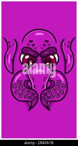 Cute Cartoon Purple Octopus Face With Angry Expression. Vector Poster Wallpaper Background. Vector and Illustration. Stock Vector