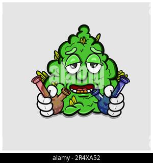 Mascot of Marijuana Cartoon With Bong Glass Smoke. Vector Clip Art. Vector and Illustration Stock Vector