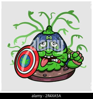 Cartoon Mascot Of Green Weed Bud With Shield. Suitable for Brand, Label, Logo, Sticker, t-shirt Design, Wallpaper, and other Product. Vector And Illus Stock Vector