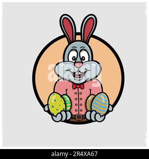 Mascot Rabbit Cartoon With Eggs Logo. Happy Easter Theme. Vector and Illustration Stock Vector