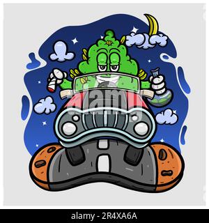 Cartoon Mascot Of Weed Bud in the American Car On Night. Vector And Illustration Stock Vector