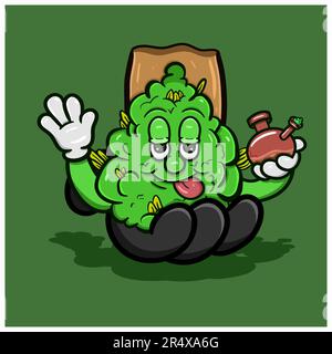 Cartoon Mascot Of  Weed Bud with Glass bong and on Big Hand . Vector And Illustration Stock Vector