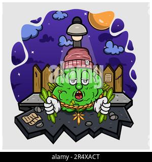 Cartoon Mascot Of Weed Bud With With Marijuana Leaf in Street Night. Vector And Illustration Stock Vector