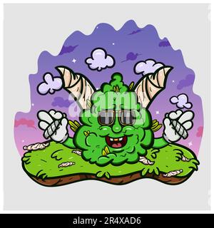 Cartoon Mascot Of Weed Bud With Cigarette on Afternoon Garden. Vector And Illustration Stock Vector