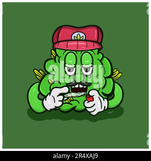 Cartoon Mascot Of  Weed Bud With Weed Cigarette . Vector And Illustration Stock Vector