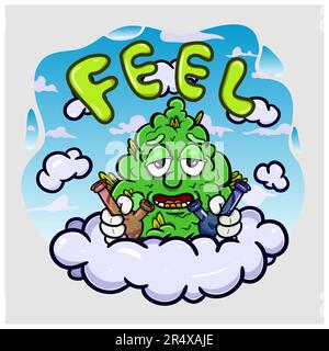 Cartoon Mascot Of Weed Bud With Glass Bong On Clouds. Vector And Illustration Stock Vector