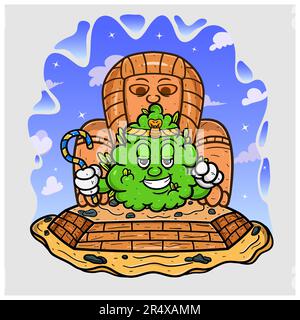 Cartoon Mascot Of Weed Bud With King Of Egypt In Pyramid. Vector And Illustration Stock Vector