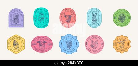 Meat Vegetables and Poultry Farm Retro Framed Badges or Logo Templates Collection. Hand Drawn Domestic Animals and Birds Sketches with Retro Stock Vector
