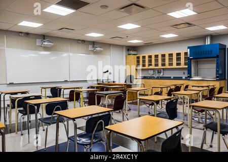 Science lab classroom in a recently renovated and upgraded rural high school; Namao, Alberta, Canada Stock Photo
