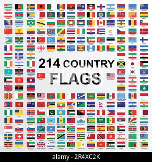 Set of All National Flags of the World. 214 Country Flags. Vector illustration for your design. Stock Vector