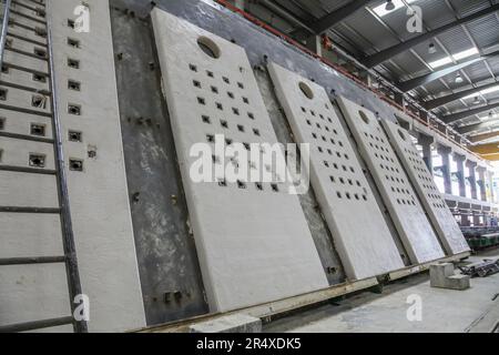 Picture of precast concrete facade elements in production on tilting tables Stock Photo