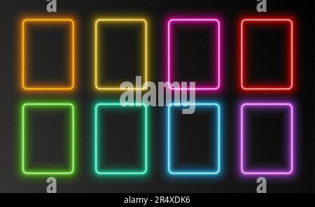 Neon rectangular frames, glowing borders set, colorful futuristic UI design elements. Stock Vector