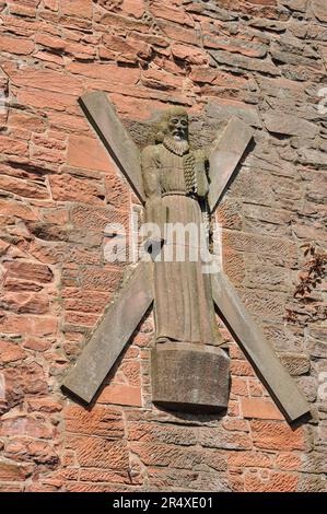 Carved figure of St Andrew on old cathedral tower at St Andrew's Catholic Church, Dumfries, Dumfries and Galloway, Scotland, UK Stock Photo