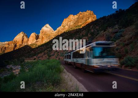 Clean, quiet, propane-driven buses carry visitors through Zion Canyon in Zion National Park, Utah, USA; Utah, United States of America Stock Photo