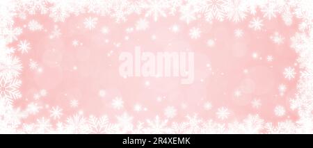 Shiny white frame with snowflakes on a soft pink bokeh background. Festive Christmas banner Stock Photo