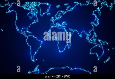 World map with shining contours of continents on a deep blue background Stock Photo