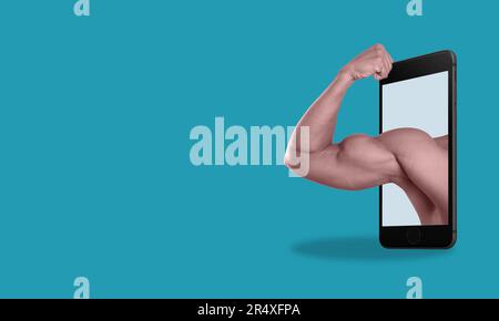 Contemporary art collage with a young man, professional fitness trainer, Healthy Lifestyle Concept, movement and technology, app, advertising, hobby Stock Photo